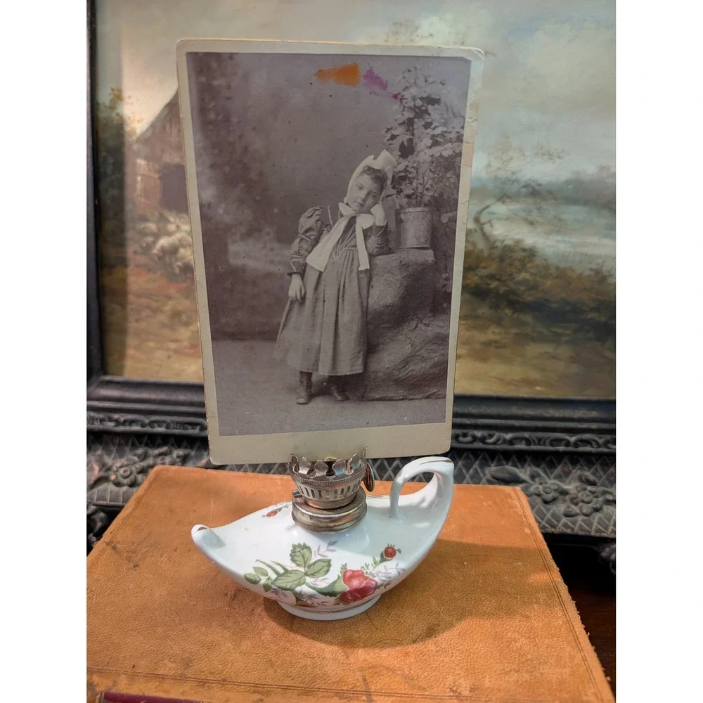 Vintage Porcelain Floral Oil Lamp with Ephemera 3x5